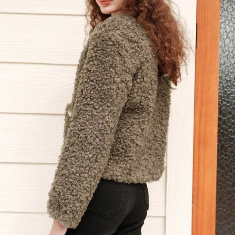 Brown Teddy faux fur Button Down with Pockets Jacket Coat - Picture 7 of 7